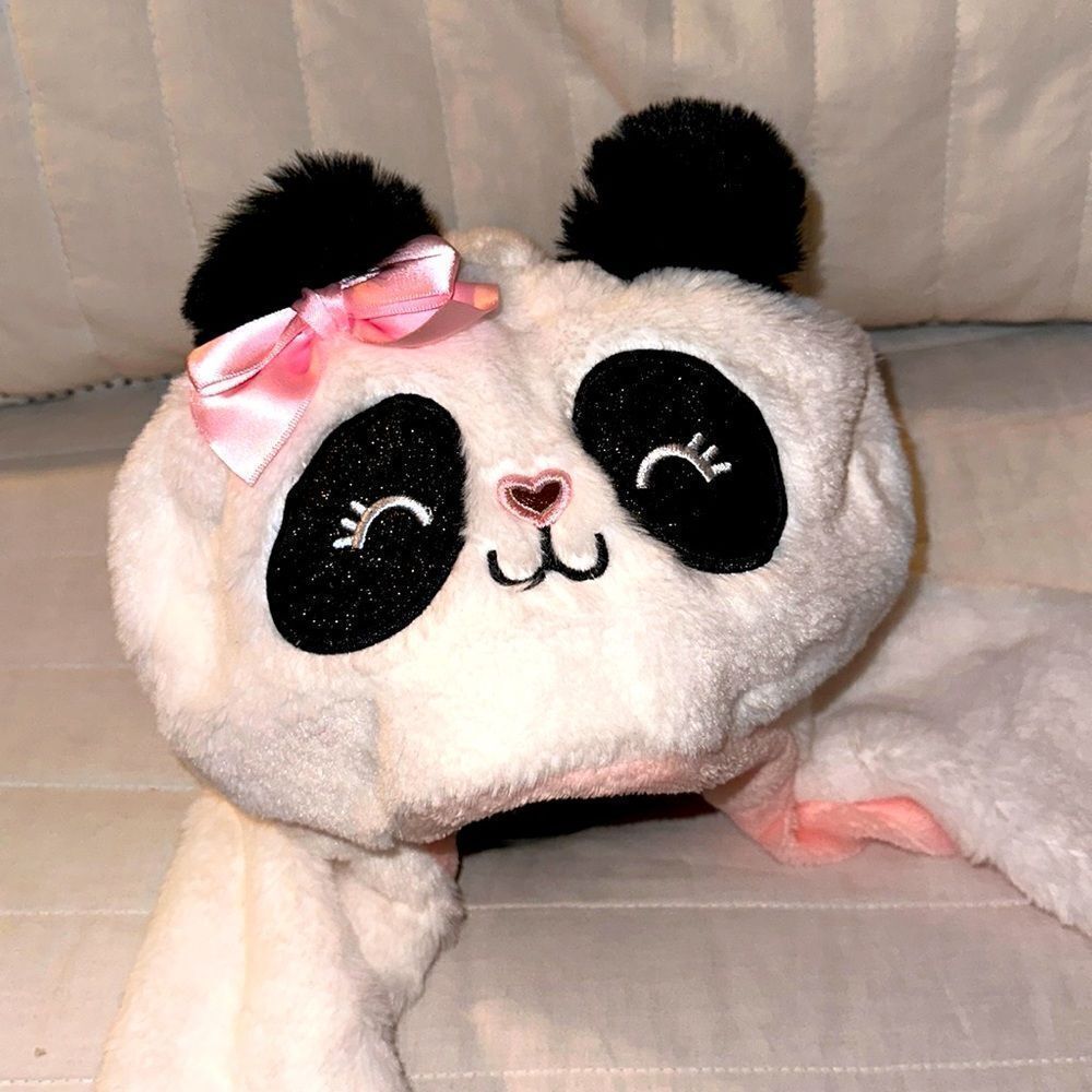 White Black Pink Little Girl Panda Hat with Hand Warmer Pockets